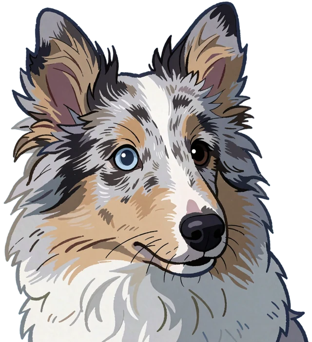Maskotka psimdrukiem — głowa szetlanda blue merle