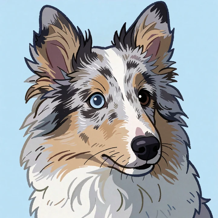 Maskotka psimdrukiem — głowa szetlanda blue merle